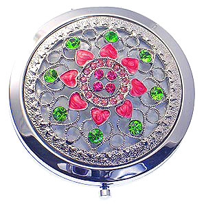 Compact Mirror - 12 PCS - Filigree Heart w/ Rhinestones -MR-GM1211